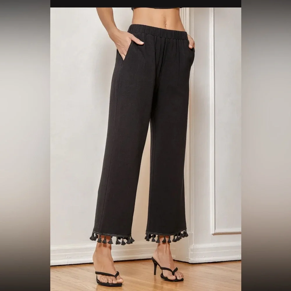 Linen Blend One Shoulder Tassel Crop Top & Wide-Leg Pants Set - Like New - Picture 7 of 17